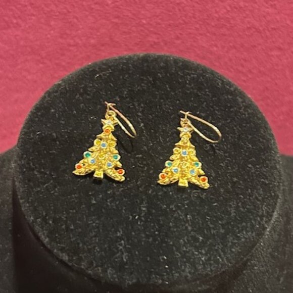 HOLIDAY🎄🎄ART Arthur Pepper Gold Rhinestone Tree EARRING - Picture 3 of 6